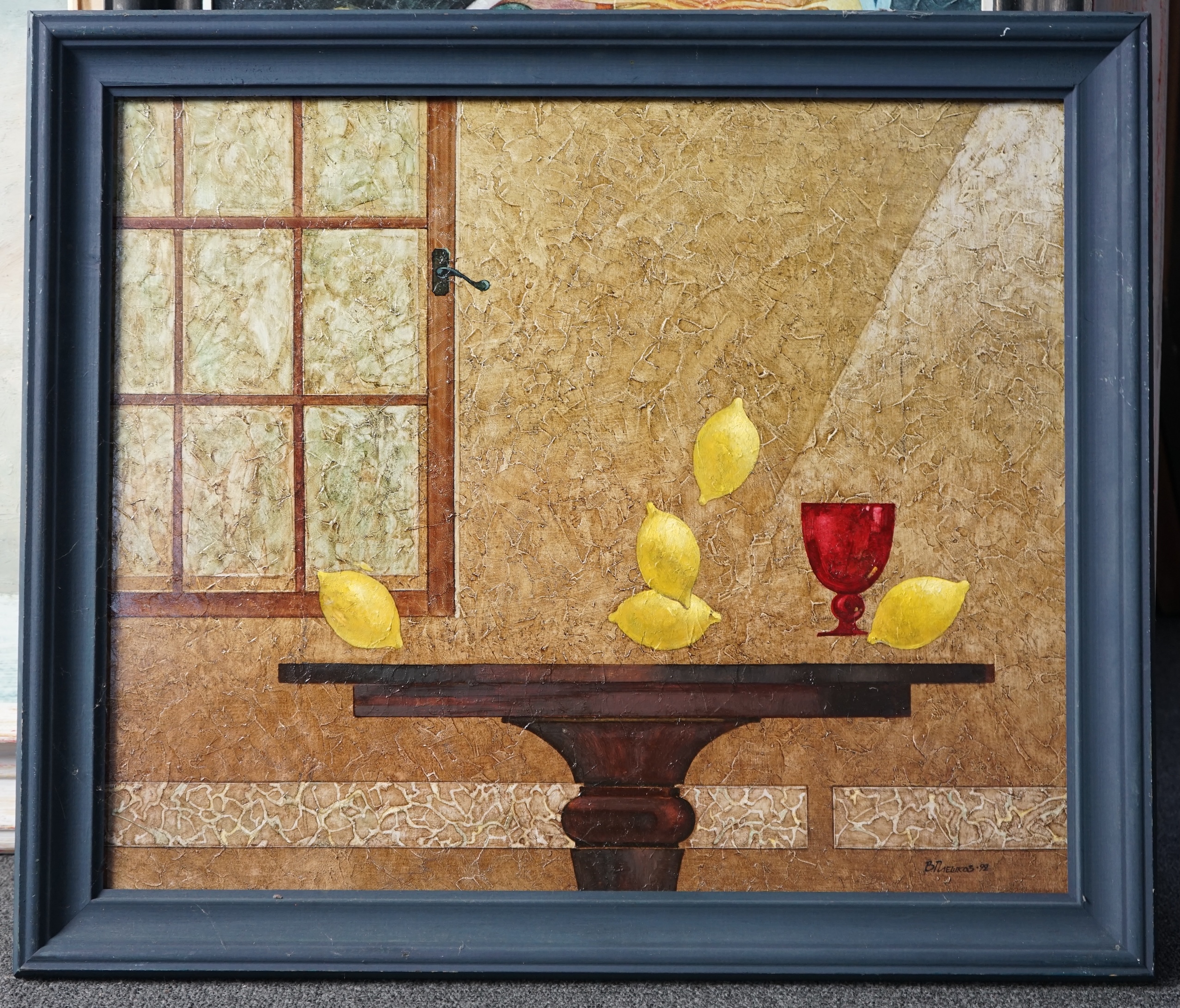 Russian School , Still life of floating lemons and butterfly with harlequin comb, oils on board (2), 48 x 59cm and 48 x 58cm